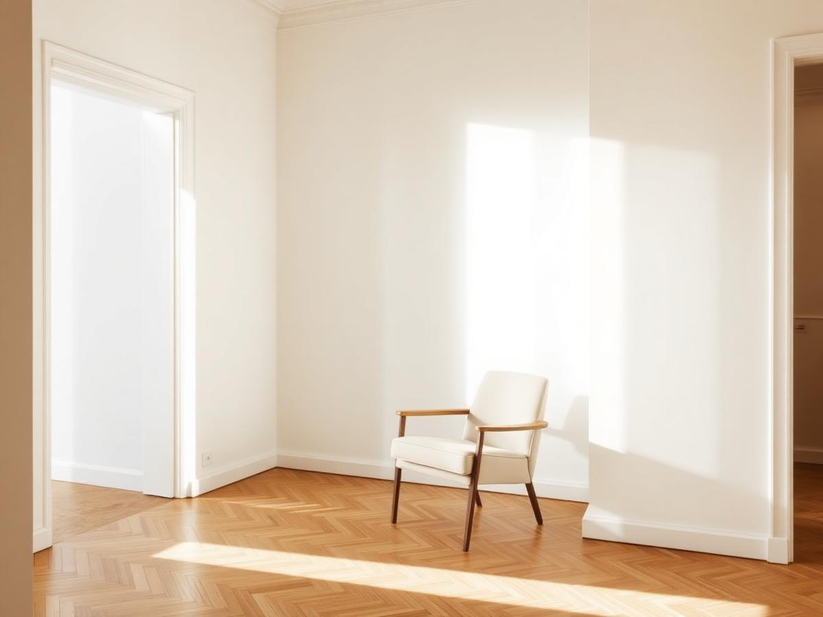 Heller Wohnraum einer Berliner Altbauwohnung mit hohen Fenstern